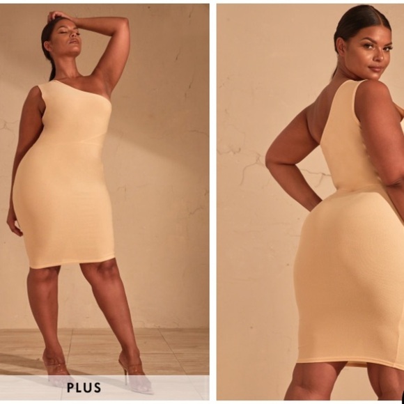 NWT PRETTYLITTLETHING Nude Plus One Shoulder Slinky Bodycon Mini Dress - Picture 3 of 11